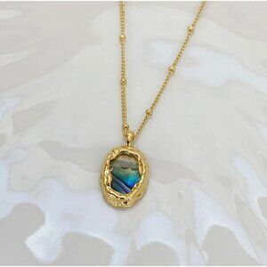 New Abalone Shell Oval Pendant Necklace 18K Plated Beaded Chain Minimalist Boho